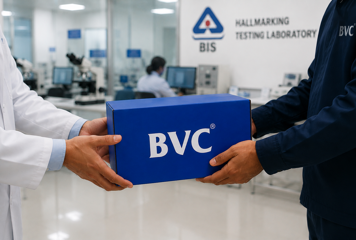 Illustration of a BVC lab milk run — BVC truck circulating between a jewellery store, vault and certification icons