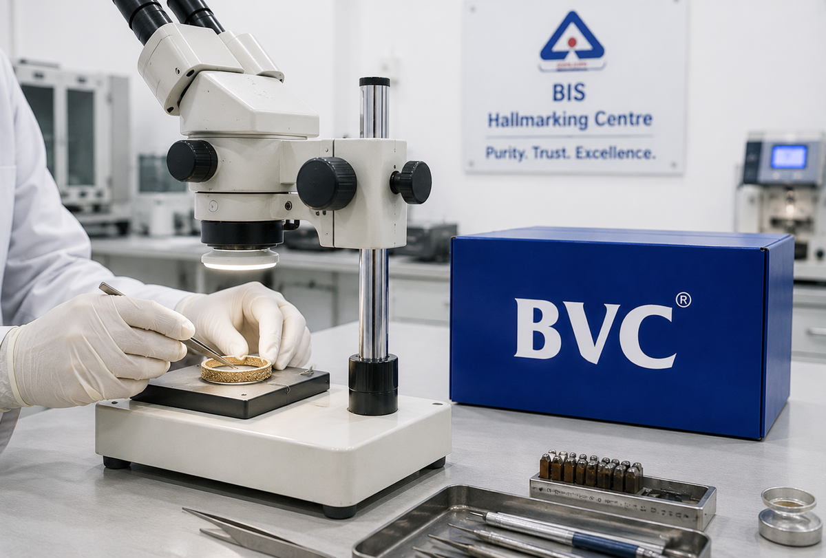 Illustration of the hallmarking process — gold bars with 916 purity stamp, lab technician at a testing console and BIS certification badge