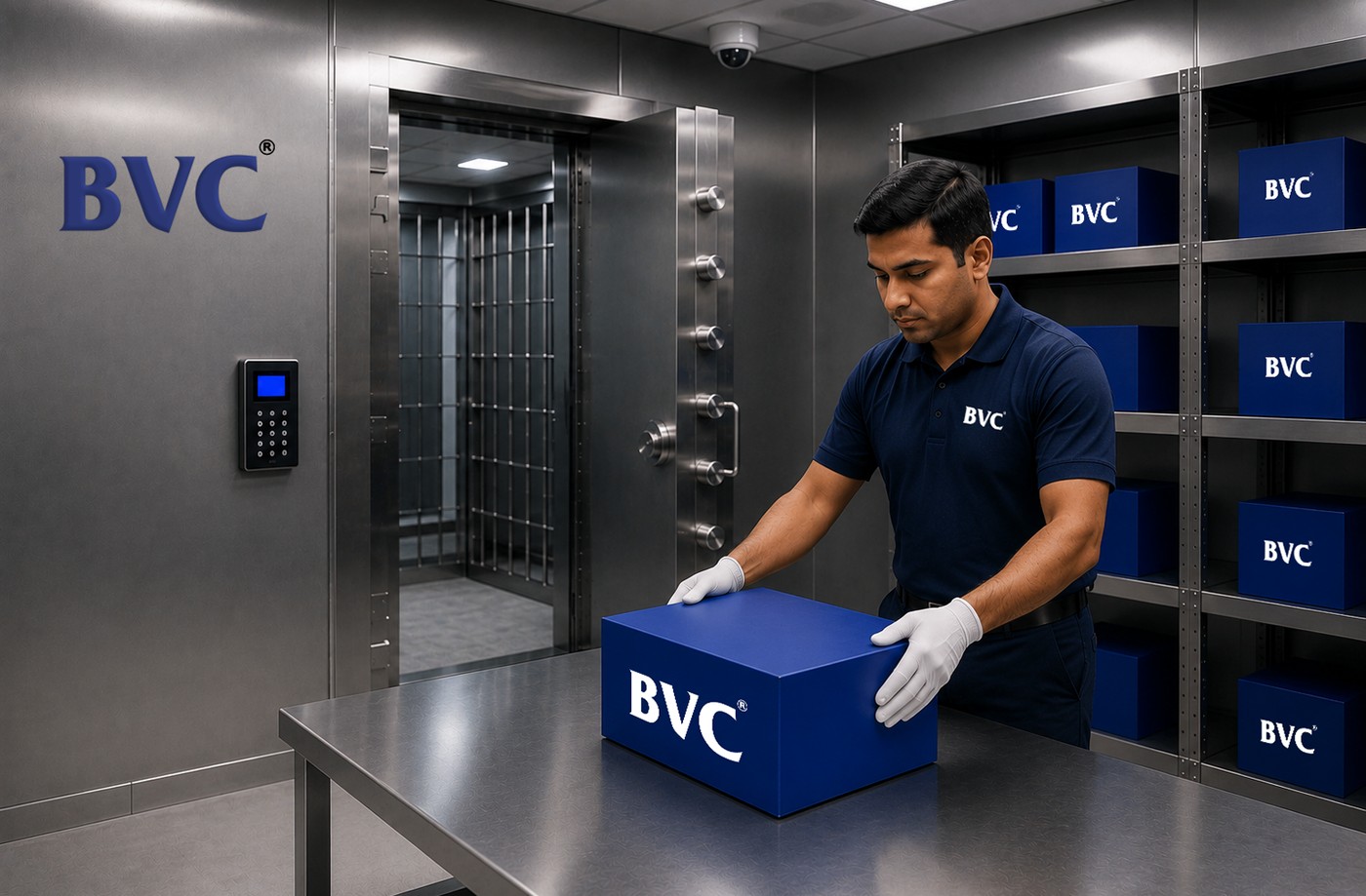 A BVC officer in gloves handling a blue BVC case beside a tray of gold bars in a trade-zone warehouse, with colleagues and a forklift moving BVC crates behind