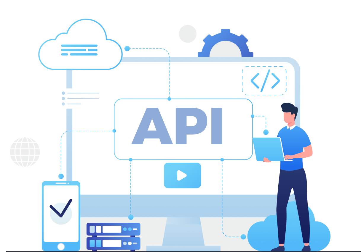 BVC Universe API integration — a developer connects internal systems to a central API hub linked to cloud, servers, mobile, web and tracking data