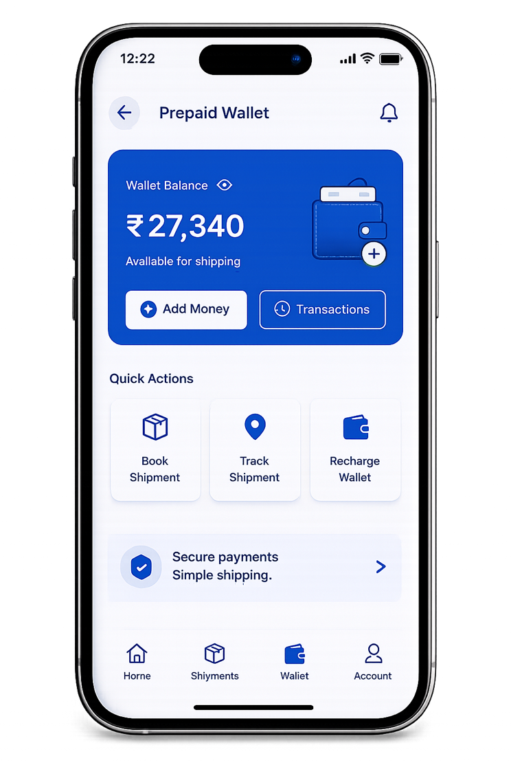 BVC Universe app — Prepaid Wallet screen showing a ₹27,340 balance, Add Money and Transactions buttons, and Quick Actions to book a shipment, track a shipment, and recharge the wallet