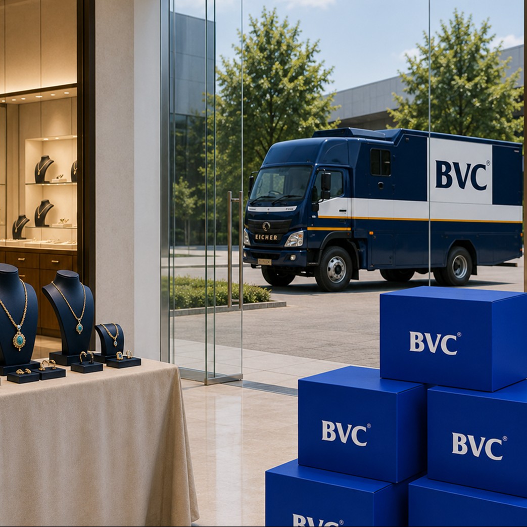 BVC truck and secure BVC trunks beside a jewellery display and a glowing India distribution map on the wall
