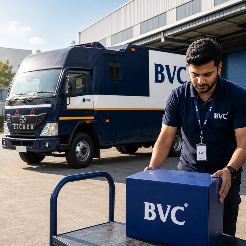 Ten 1000g gold bars beside a secure BVC trunk on a warehouse floor with a BVC truck at dawn behind them