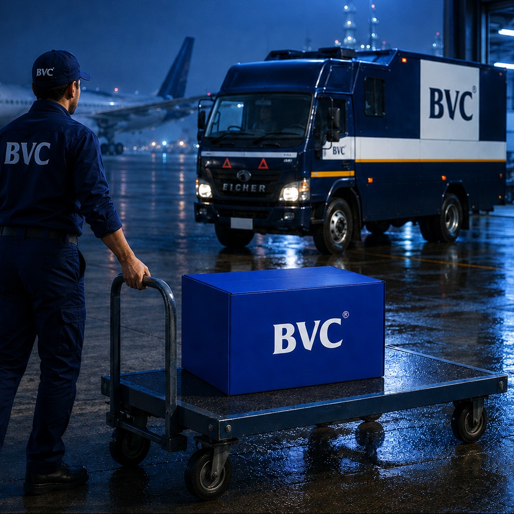 BVC officer wheeling a secure BVC trunk and gold bars across a night tarmac with a refinery lit up behind